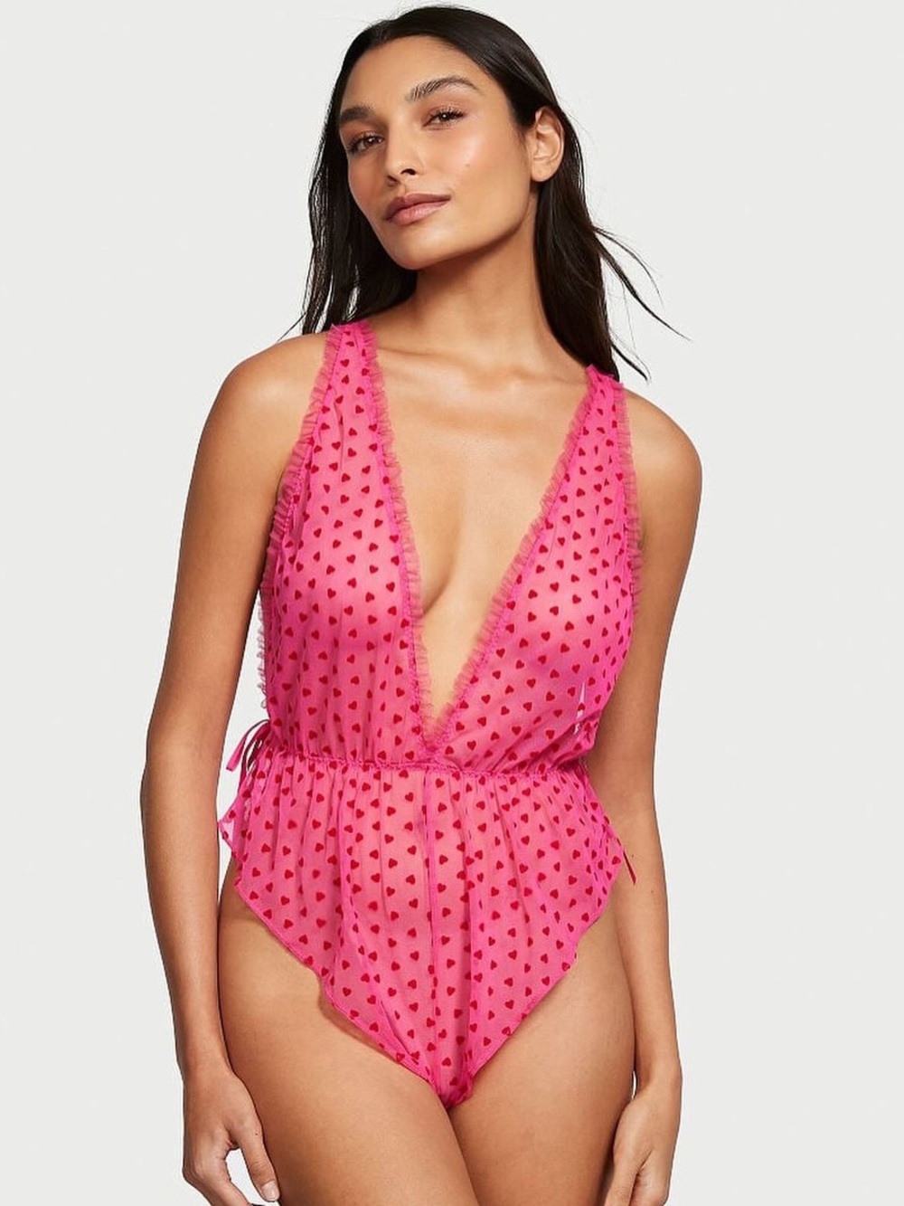 ✨Victorias Secret | Tease Forever Pink Flocked Heart Sheer Halter Bodysuit |Sz M